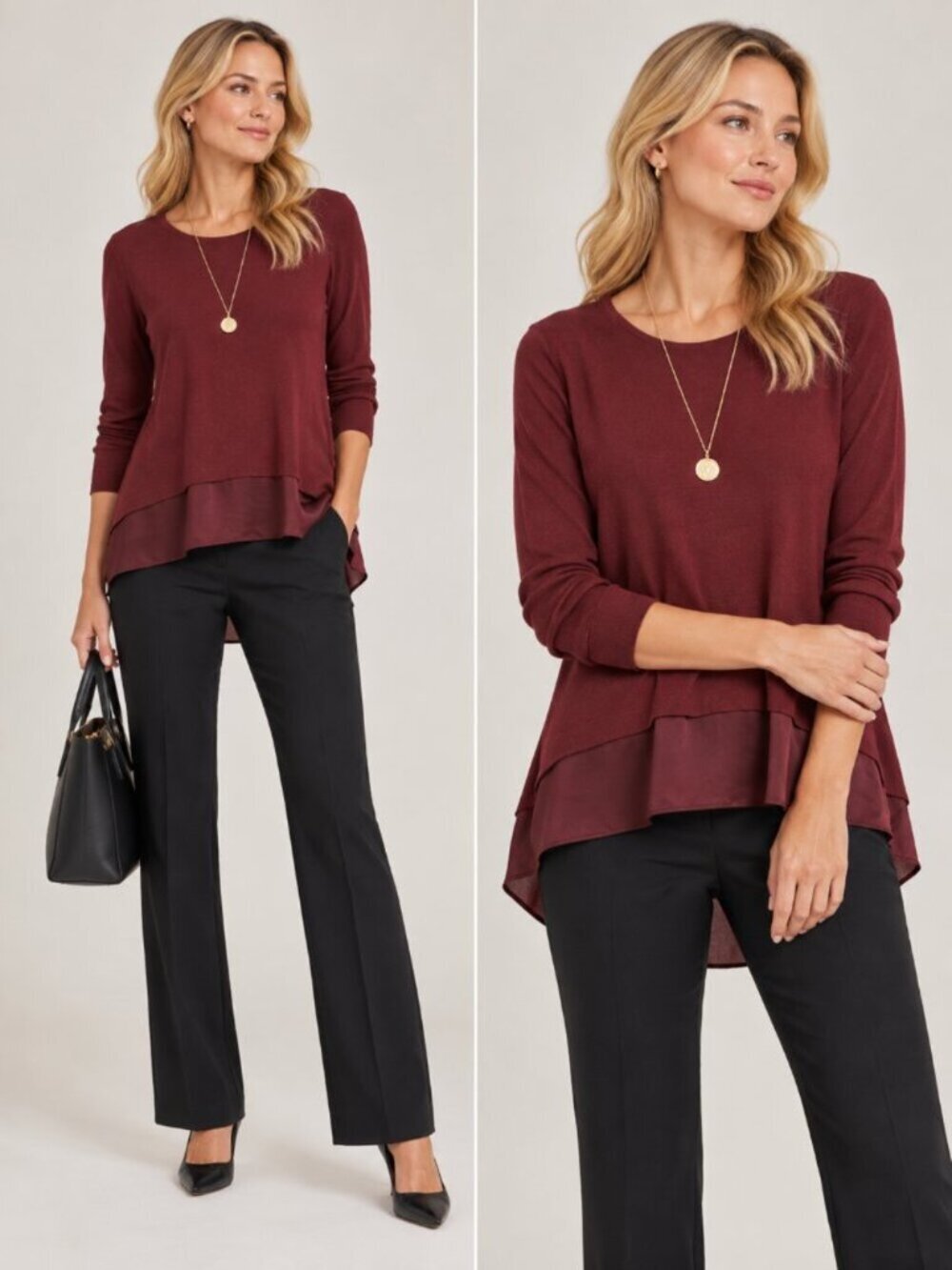 NWT White House Black Market Satin Trim Snit Top XXS Long Sleeve Knit Wine Soft